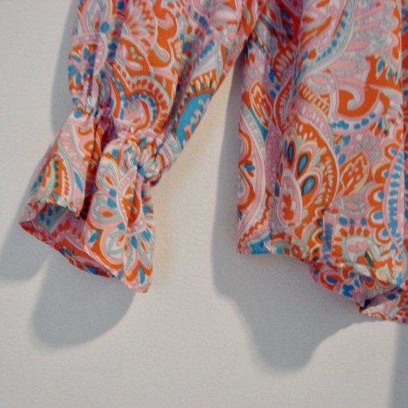 Talbots Floral Boho Peasant Blouse Top Ruffle Off Shoulder Loose Pink Orange XS - Picture 7 of 12